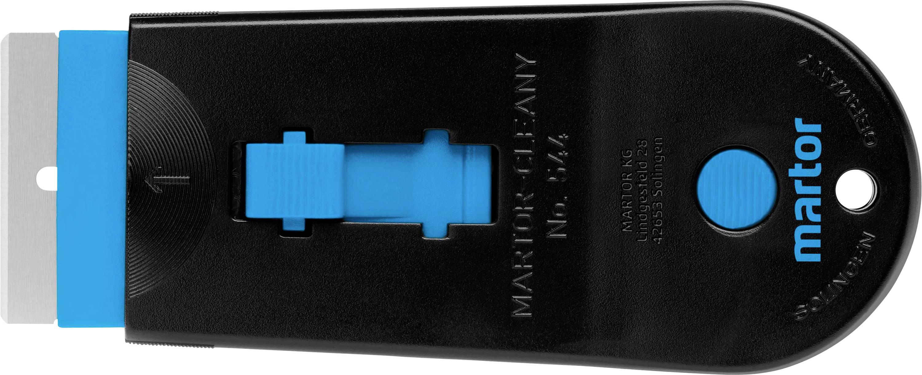 'Black and blue glass scraper with a blade on the left side and a sliding mechanism in the centre. Brand name printed.'