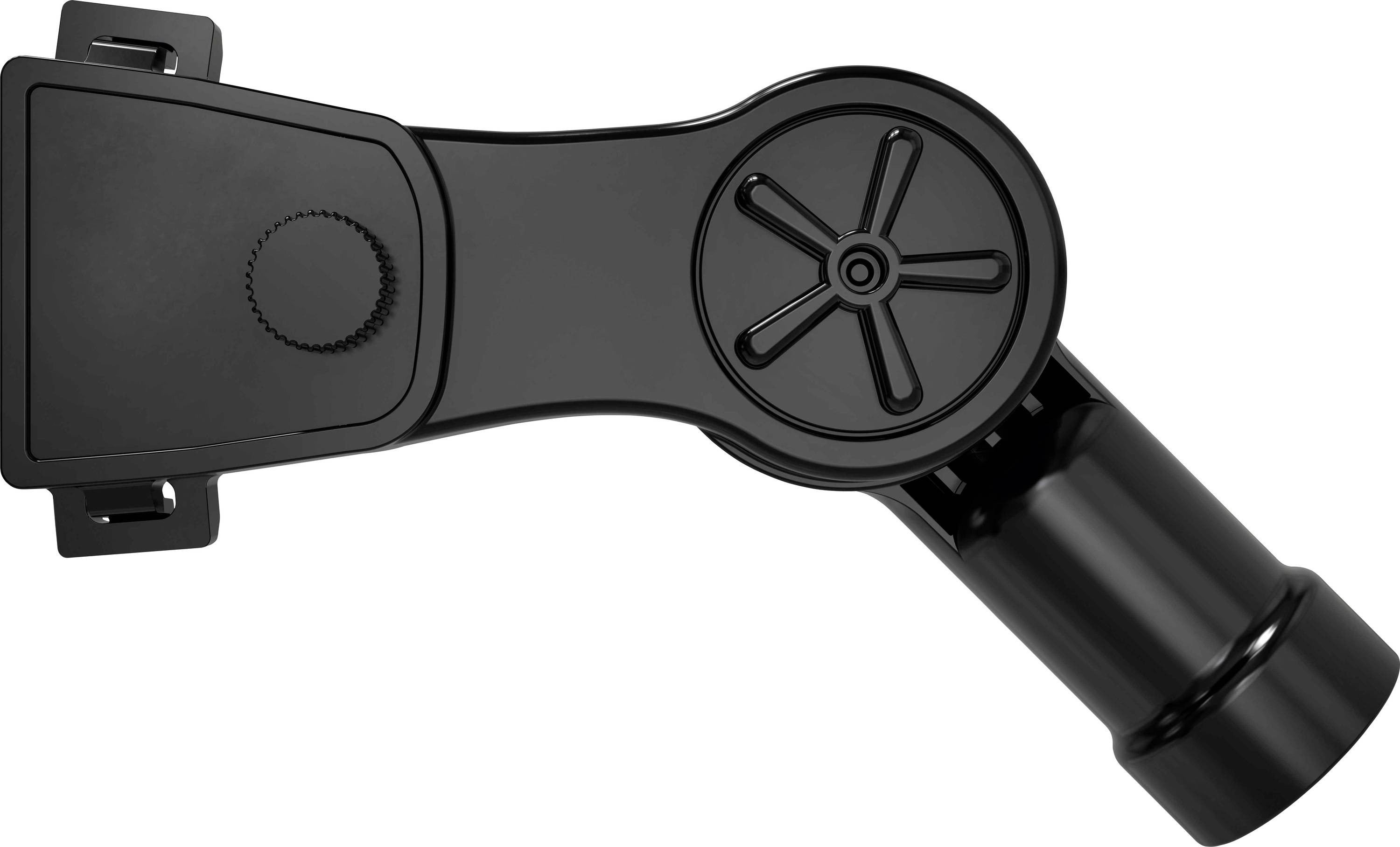 A black, adjustable mounting arm with a round joint and a cylindrical end, against a plain background.