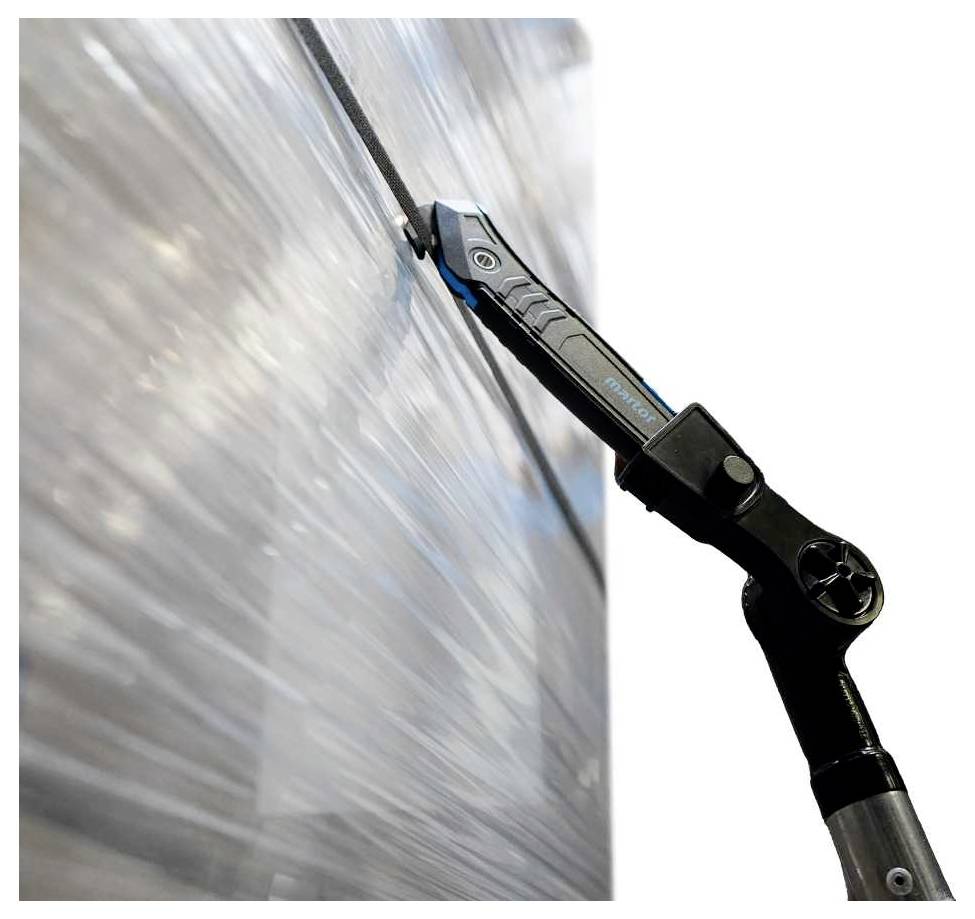 A tool with a telescopic handle that separates plastic film from a pallet stack provides efficiency in the packaging process.