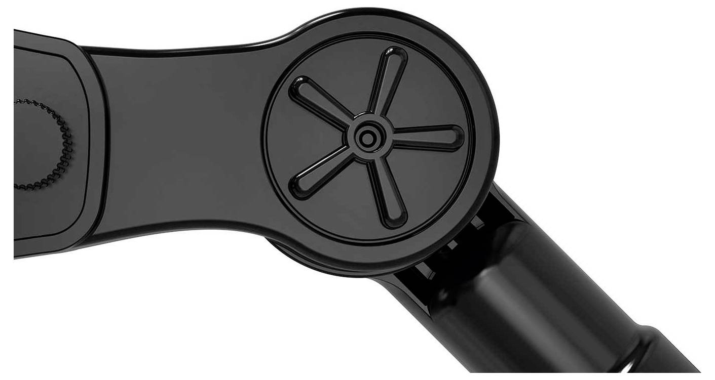 Black and white adjustable articulated arm of a mount, which can be mechanically positioned in various ways.