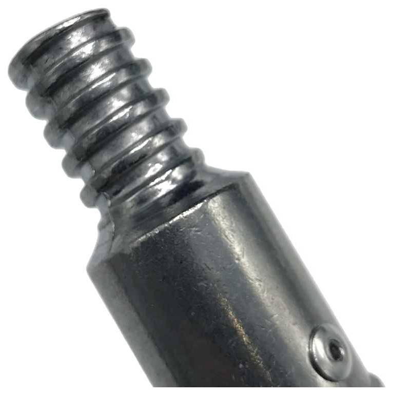 Silver metal rod with a ridged tip and smooth surface.