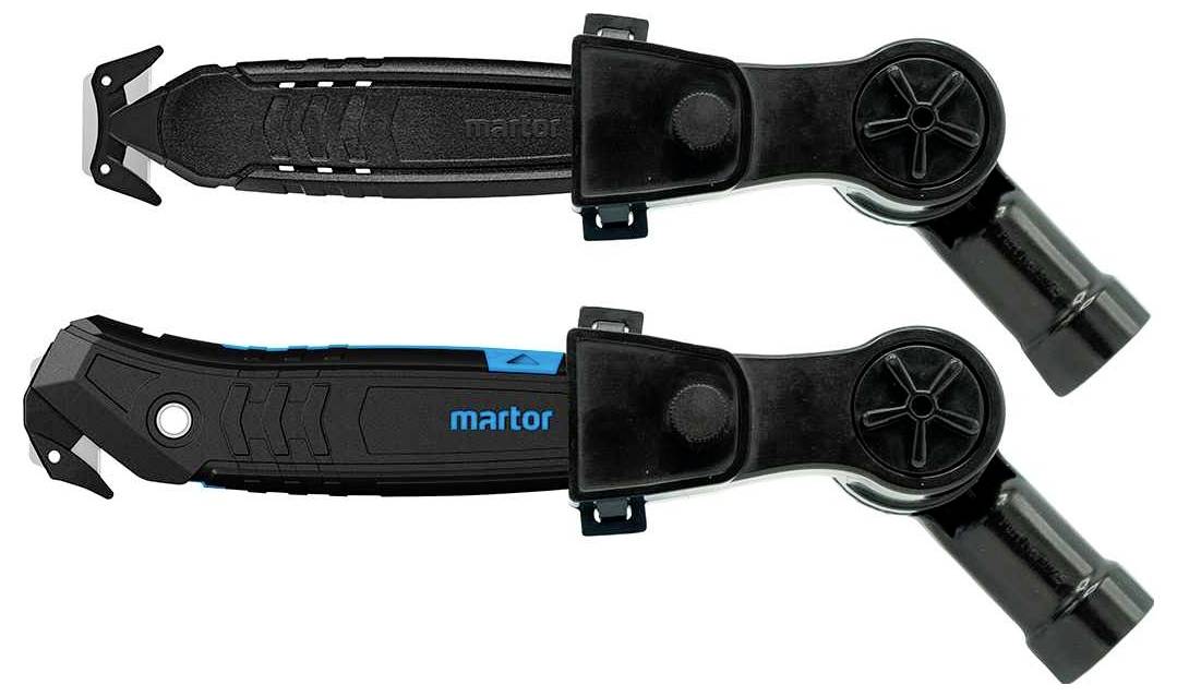 Two black safety knives with a rotating head and ergonomic handle. One shows the blade, the other is folded.