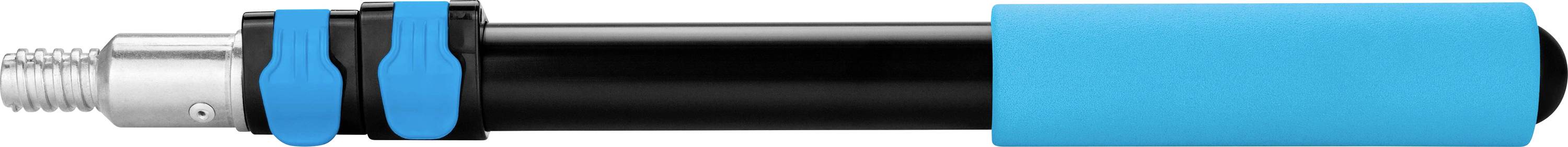 Black selfie stick with blue handle and two blue clips.