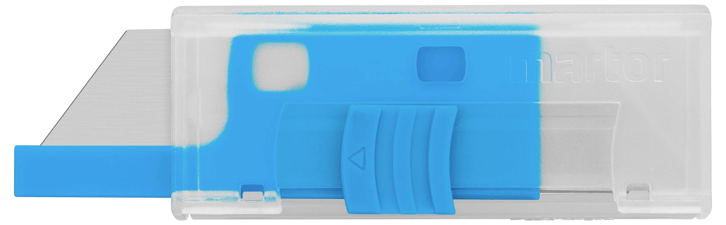 A blue and white replacement blade holder with slider for manual blade adjustment.