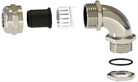 Angled metal threaded fitting, dismantled into its components: two threaded ends, seal, plastic insert. Used for cable protection.