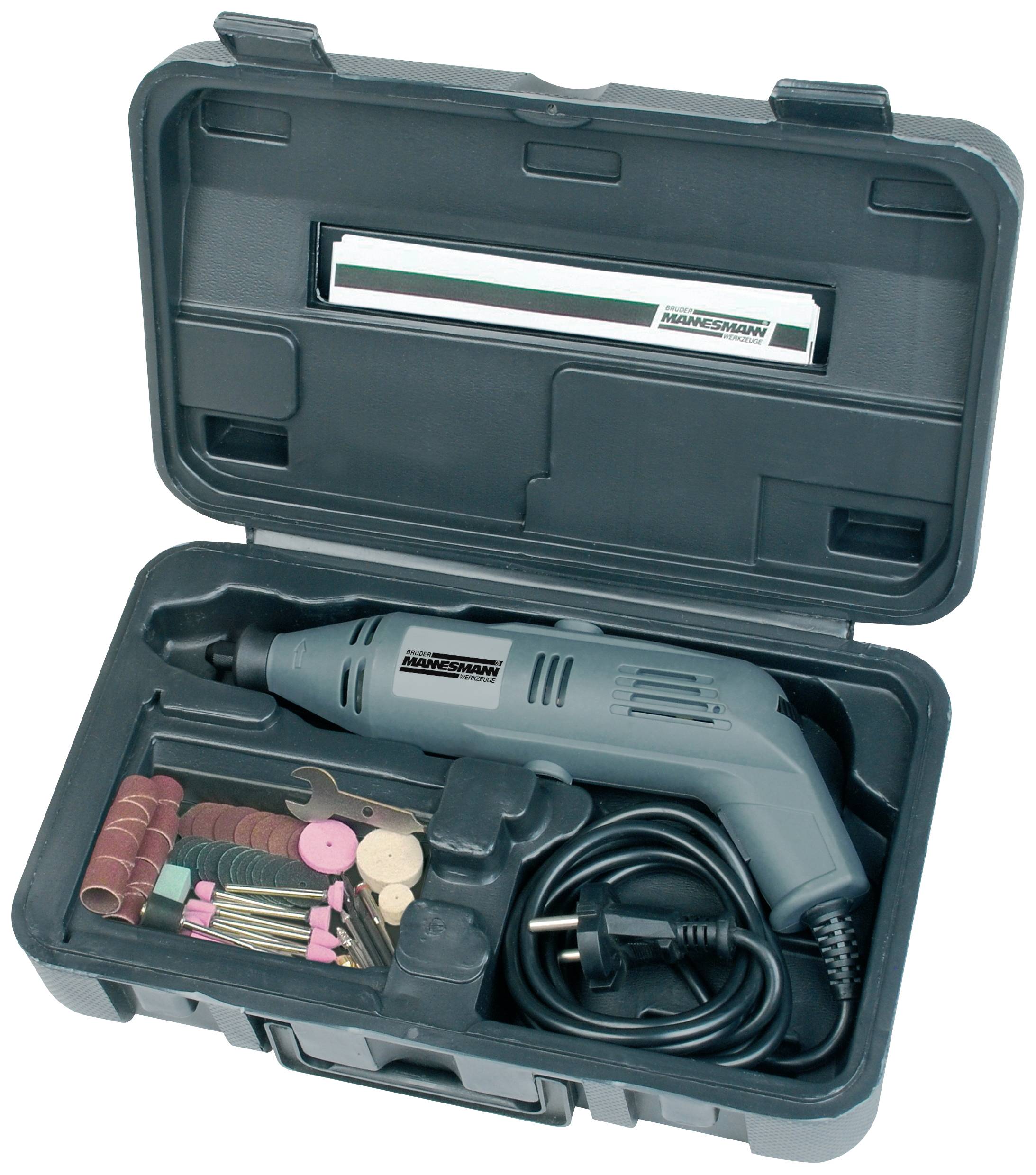 Drill in an open black tool case, with accessories such as grinding discs and attachments, power plug visible.