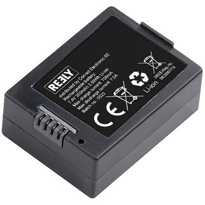 Black lithium-ion battery with technical specifications and symbols on the front, including CE marking and recycling symbol.