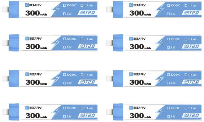 'Eight blue battery packs by the brand Betafpv, with 300mAh and 3.8V. The batteries are arranged in two rows. A blue lightning bolt on the left as the logo.'