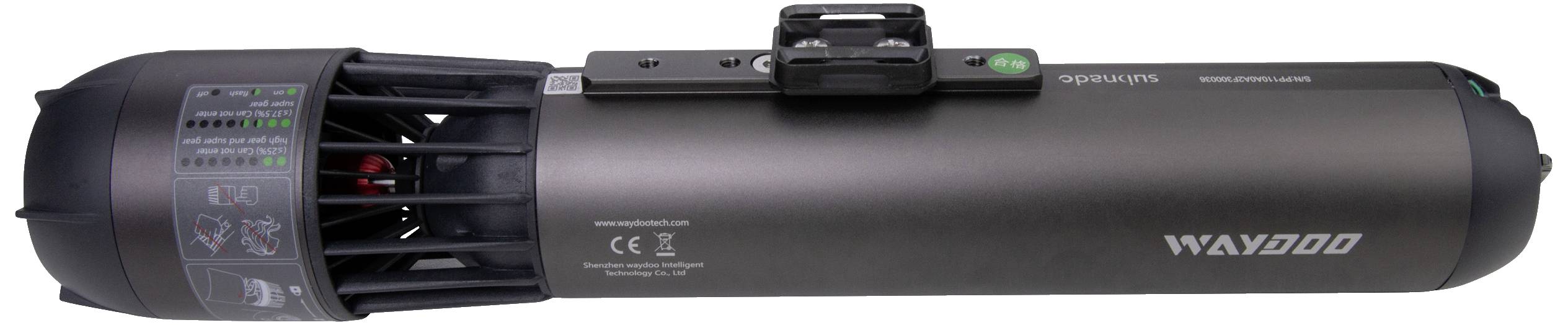 Portable, grey underwater scooter with a black casing, air intake, and handle for quick, easy diving or swimming.