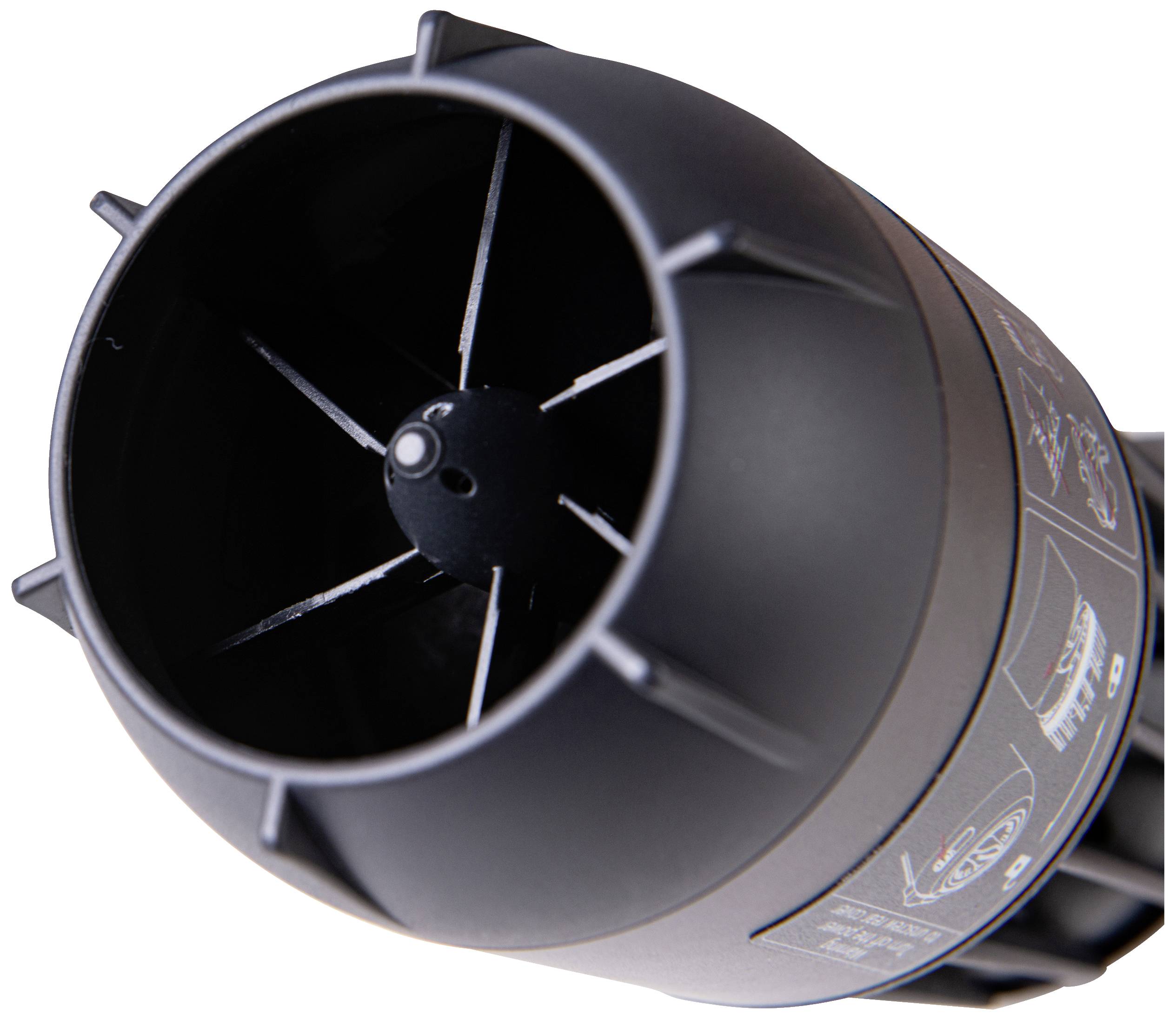 Top view of a black electric device with fan blades inside. Potential indication of a type of mixer.