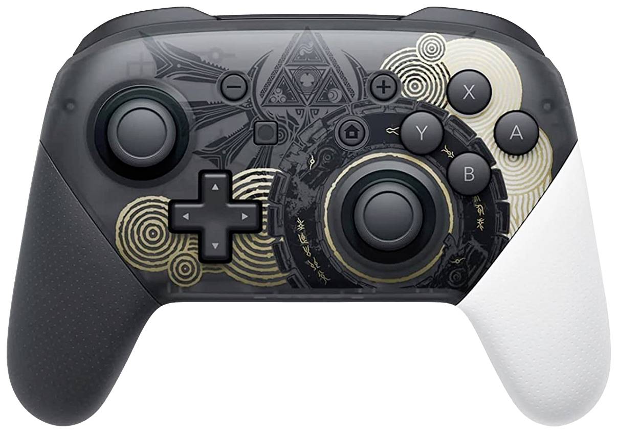 A video game controller with an artistic design, showcasing geometric patterns and golden details. Features buttons and analogue sticks.