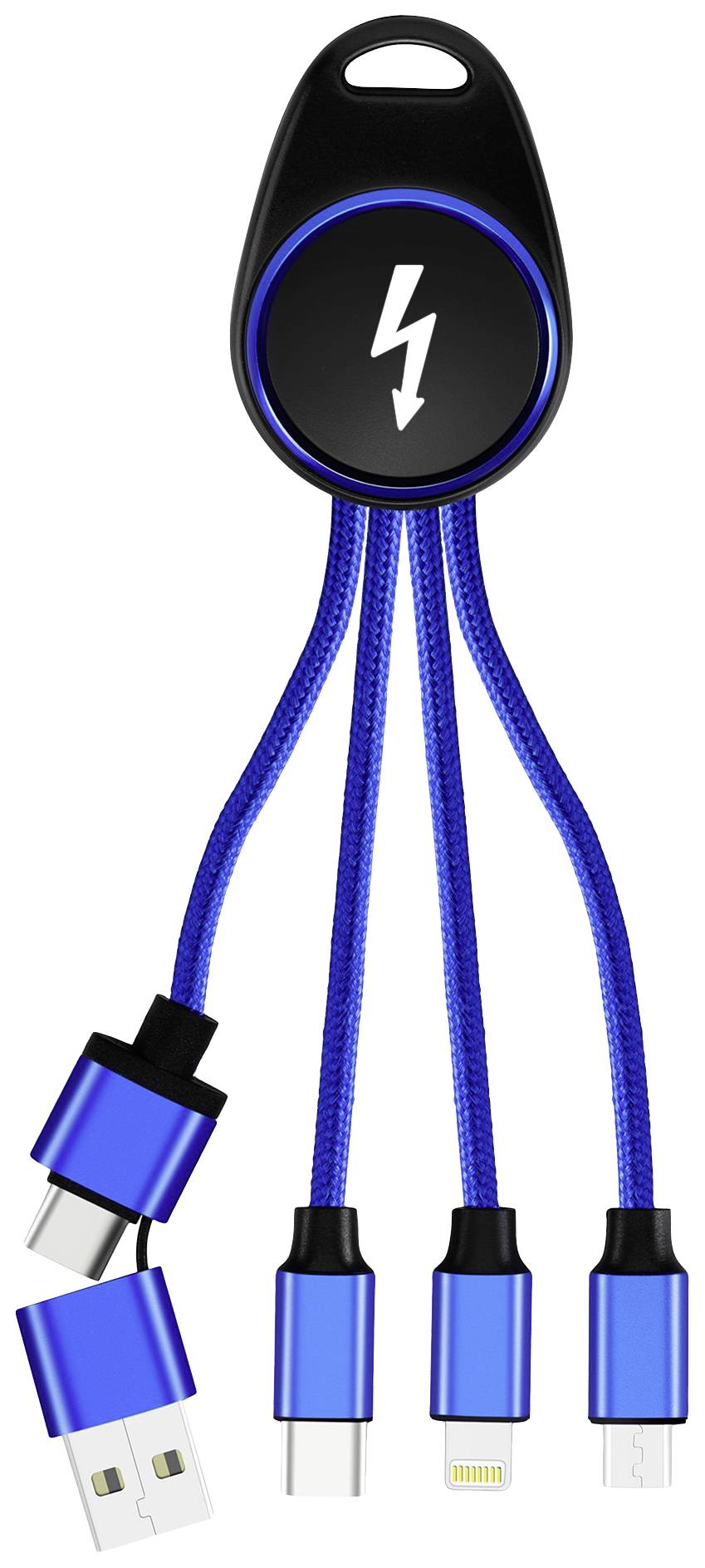 Smrter USB charging cable USB 2.0 Apple Lightning plug, USB-A plug, USB-C® plug, USB Micro-B plug 0.15 m Blue Aluminium connector, incl. OTG function, Fabric