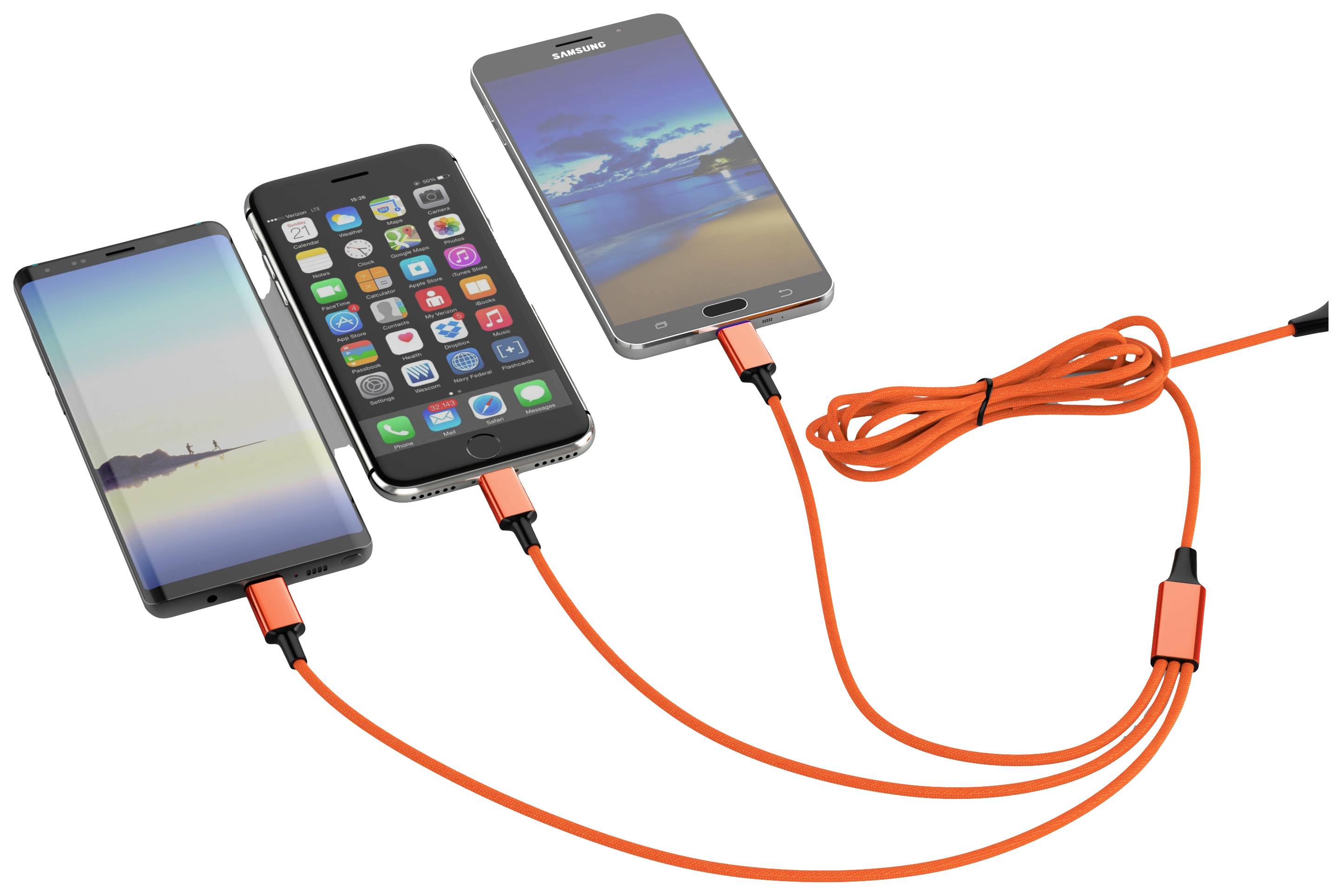 Three smartphones connected with brightly glowing orange charging cables. Each cable has a single plug leading to the devices.