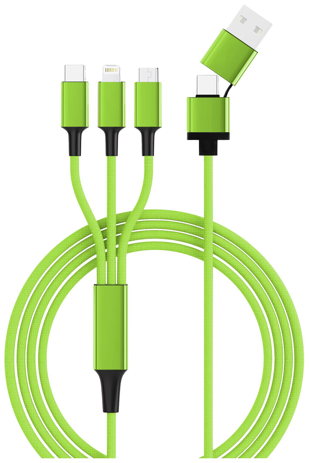 Smrter USB charging cable USB 2.0 Apple Lightning plug, USB-A plug, USB-C® plug, USB Micro-B plug 1.20 m Green incl. OTG function, Fabric sleeve
