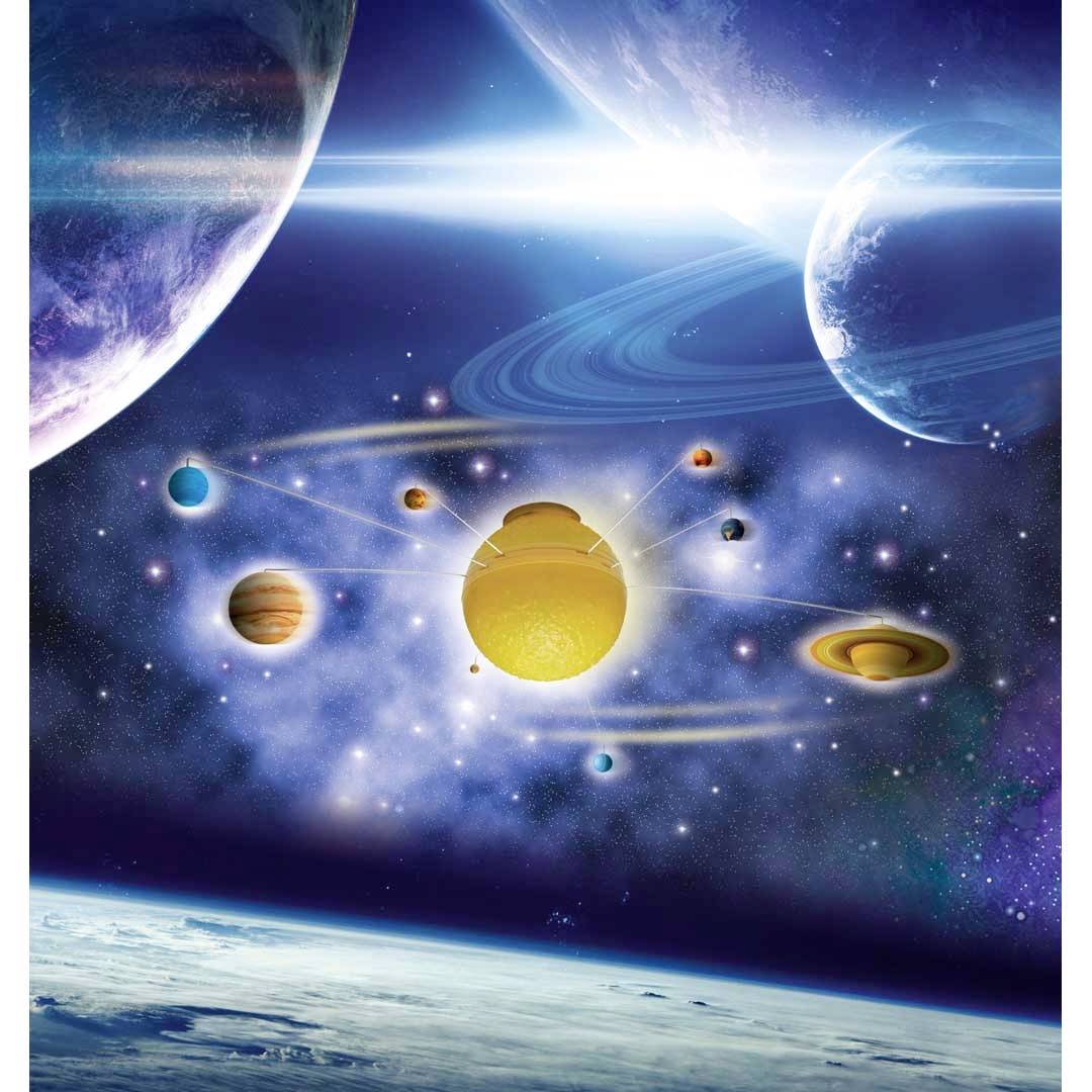 The image depicts an artistic representation of the solar system, with the Sun at the centre and the planets orbiting it in various trajectories.
