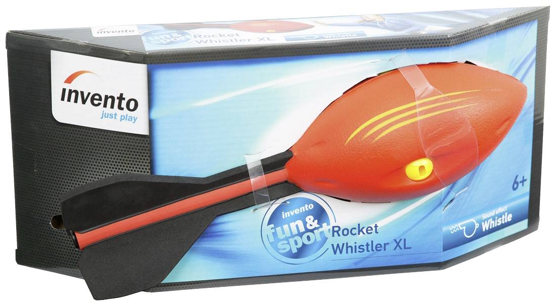 Toy rocket with an orange inner body and black wings, in packaging. Suitable for children aged 6 and above; Brand: Invento.
