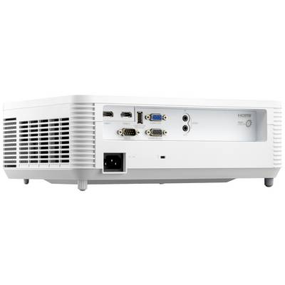 A white projector with multiple ports on the back, including HDMI, VGA, USB, and audio ports.