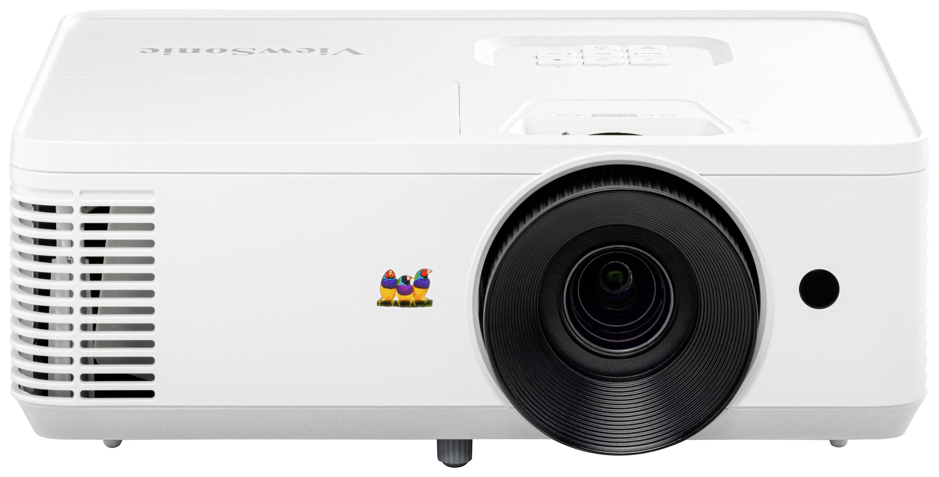 White projector with manufacturer's logo at the front, central lens, side ventilation slots.