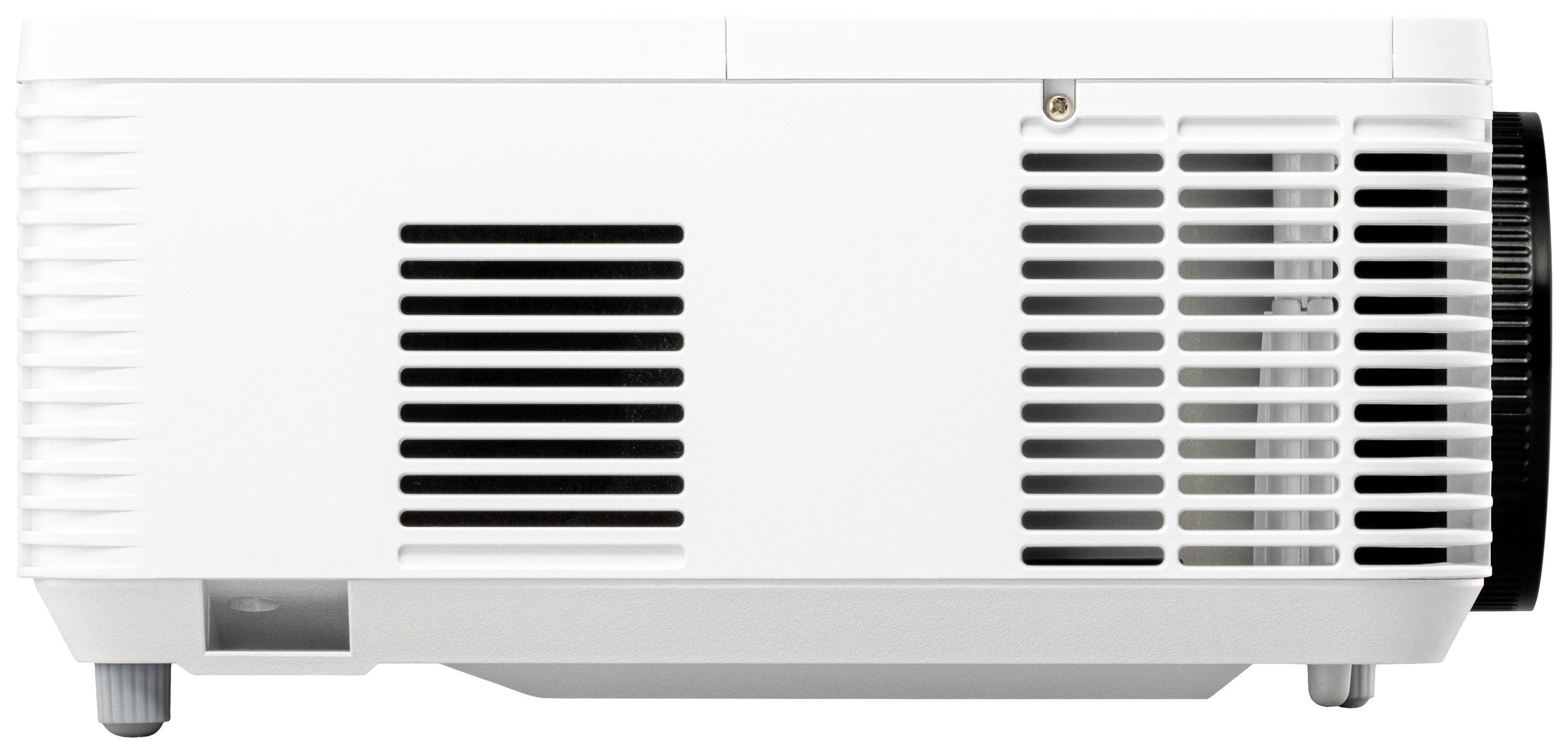 A white projector shows its ventilation slots and controls on the left side. A black adjustment wheel is visible.