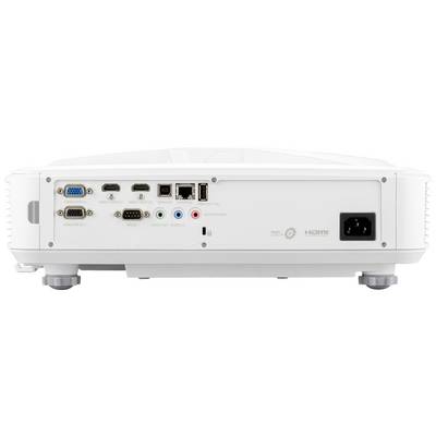 Rear view of a projector with various ports: VGA, HDMI, USB, Network, Audio inputs, and Power connection.