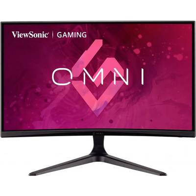 A ViewSonic gaming monitor with a curved screen; logo and 'OMNI' displayed on a pink background.
