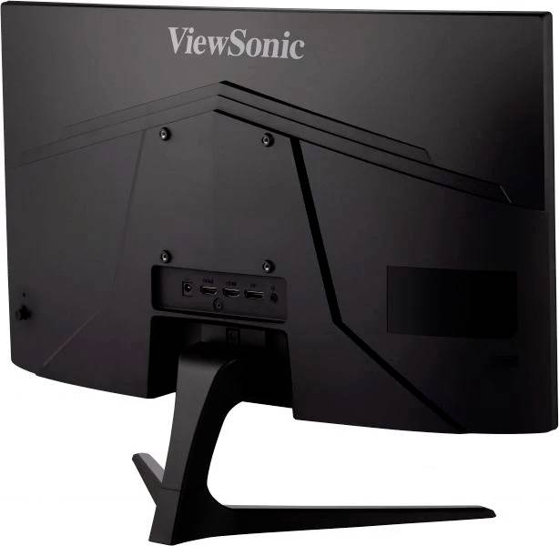 A black ViewSonic monitor viewed from behind, with connections such as HDMI and DisplayPort on the rear, mounted on a stand.