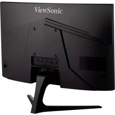 A black ViewSonic monitor viewed from behind, with connections such as HDMI and DisplayPort on the rear, mounted on a stand.