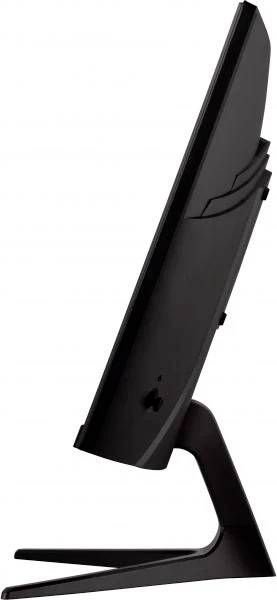 Side view of a black computer monitor with a simple, modern design and slim stand.