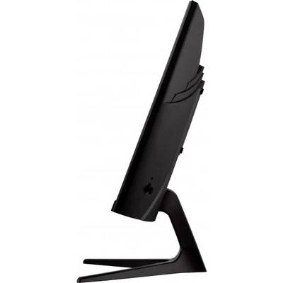 Side view of a black computer monitor with a simple, modern design and slim stand.