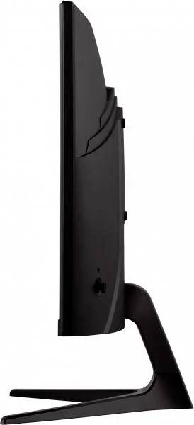 Side view of a black, slim computer monitor on a stand.