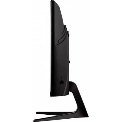 Side view of a black, slim computer monitor on a stand.