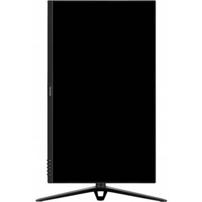 A computer monitor in portrait orientation with a minimalist black design and a three-legged stand.