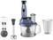 Kitchen appliance set comprising a hand mixer, mixer attachment, chopper with container, and measuring jug, all in a modern design.