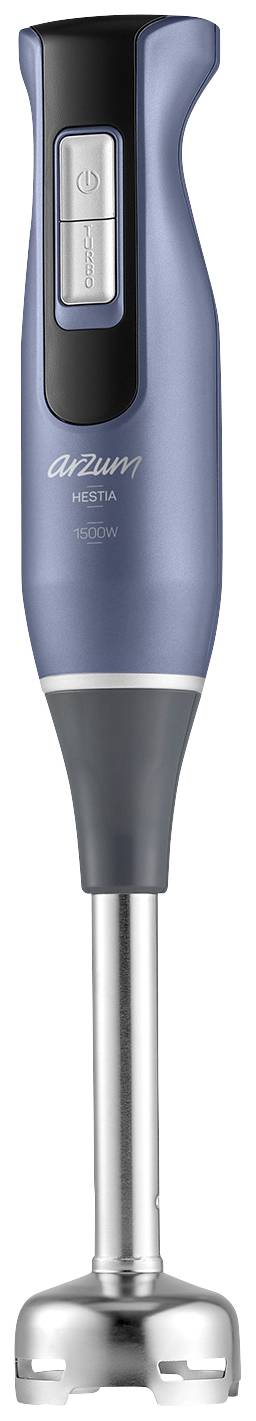 Hand mixer in blue and grey with two buttons on the front, suitable for preparing food and drinks.