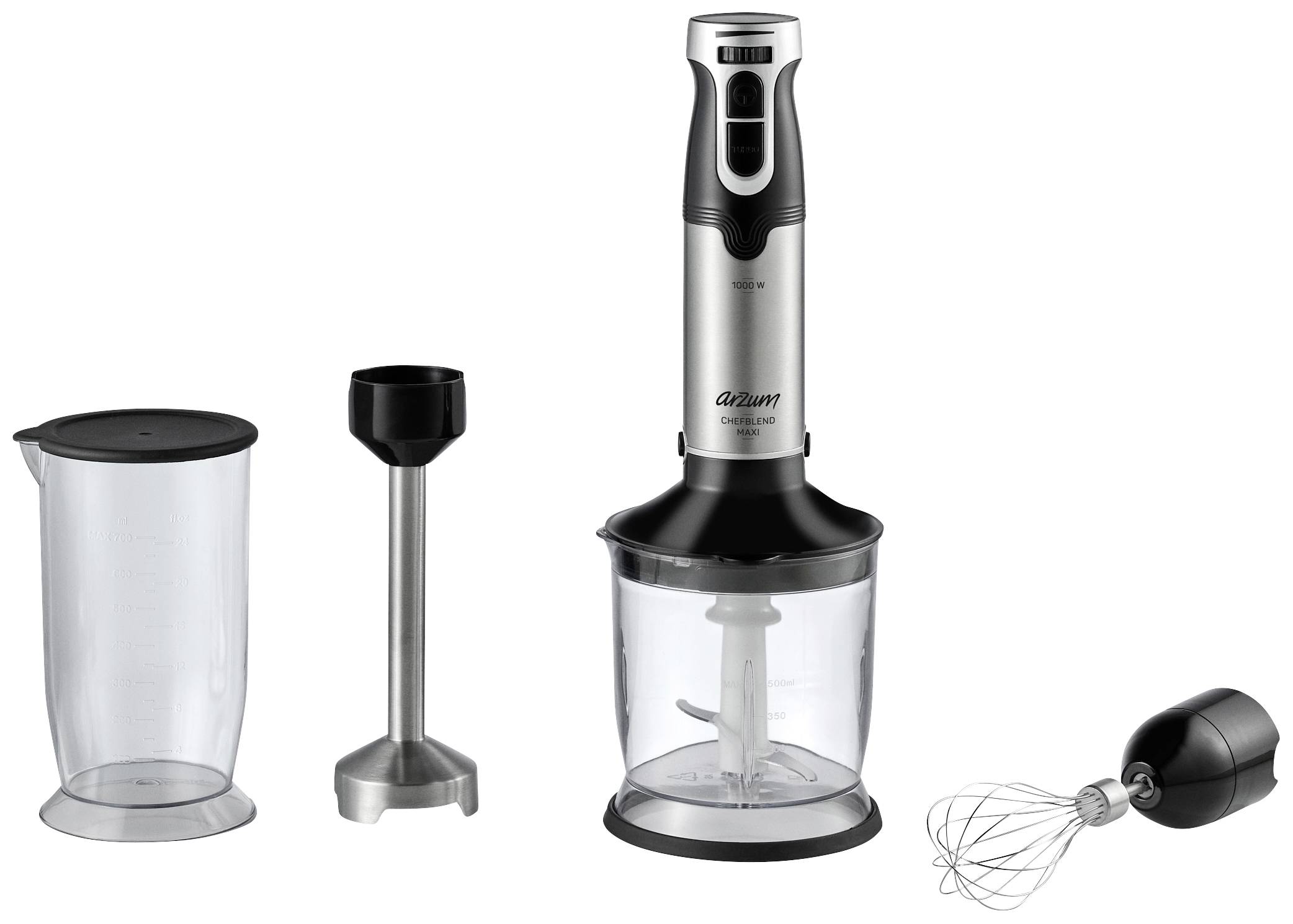 arzum AR1162 Hand-held blender 1000 W with graduated beaker, with mixing jar, stepless speed control Black, Stainless steel