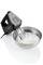 Black hand mixer with a stainless steel mixing bowl, showing whipped cream. Mixer in operation, bowl generously filled.