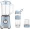 A blue blender with a large mixing jug, a detachable sports bottle, and a small chopper. Perfect for smoothies.