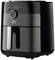 'Black hot air fryer with digital display on top, showing 200 degrees Celsius, brand name on the front.'