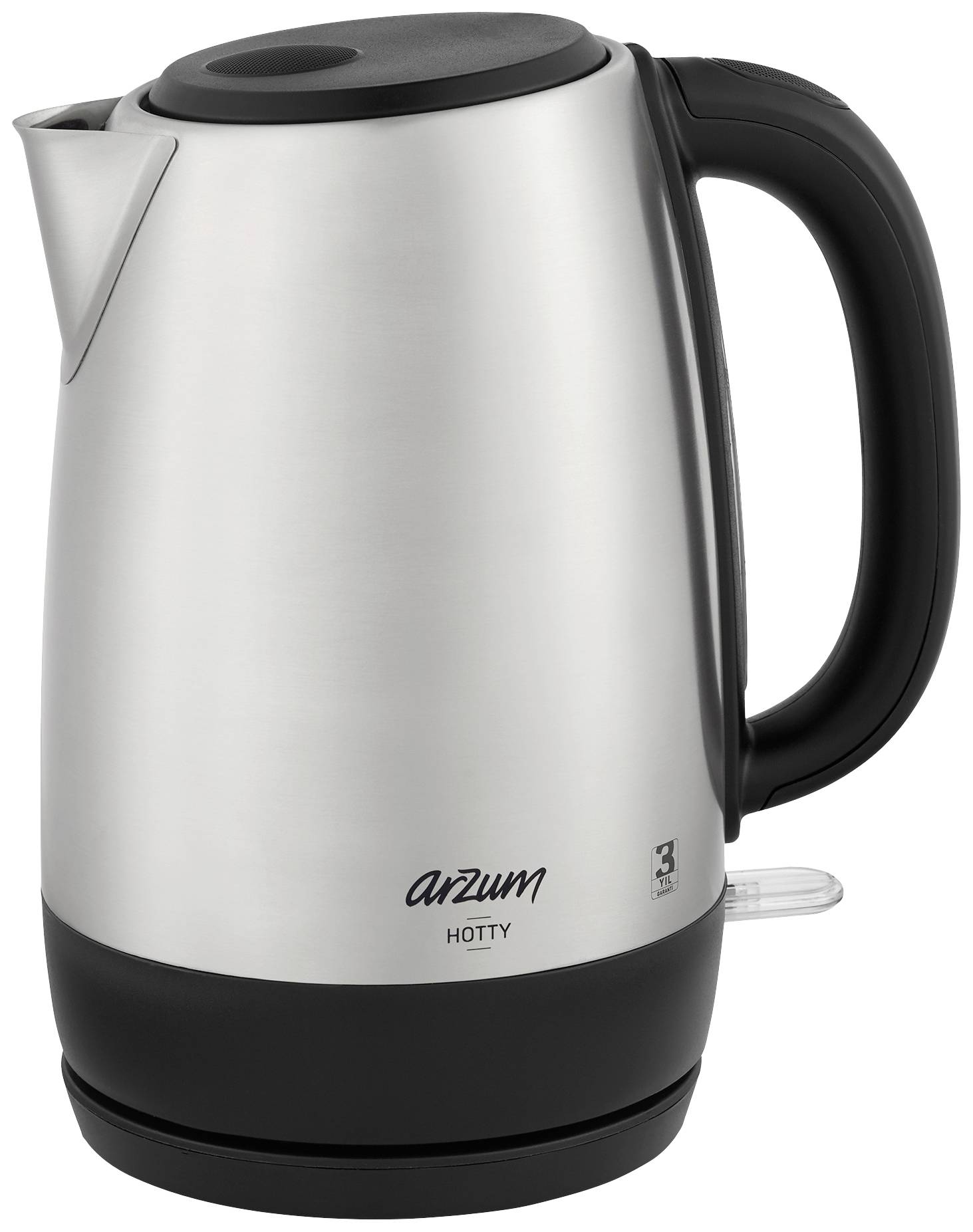 A stainless steel electric kettle with a black handle and base. 'Arzum Hotty' marking visible on the front.