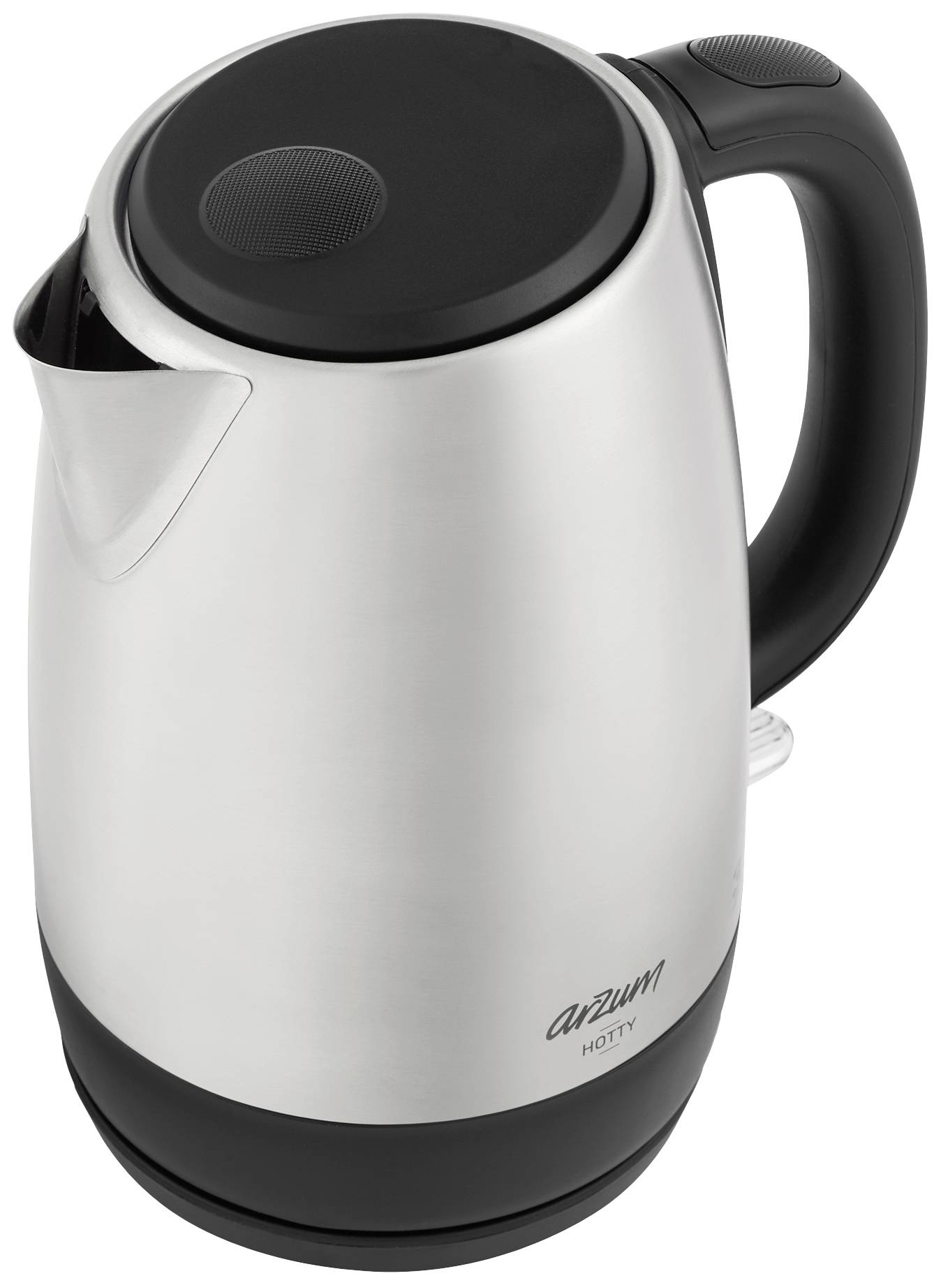 A silver kettle with a black handle and spout. 'Arzum' brand name on the front. Electric model.