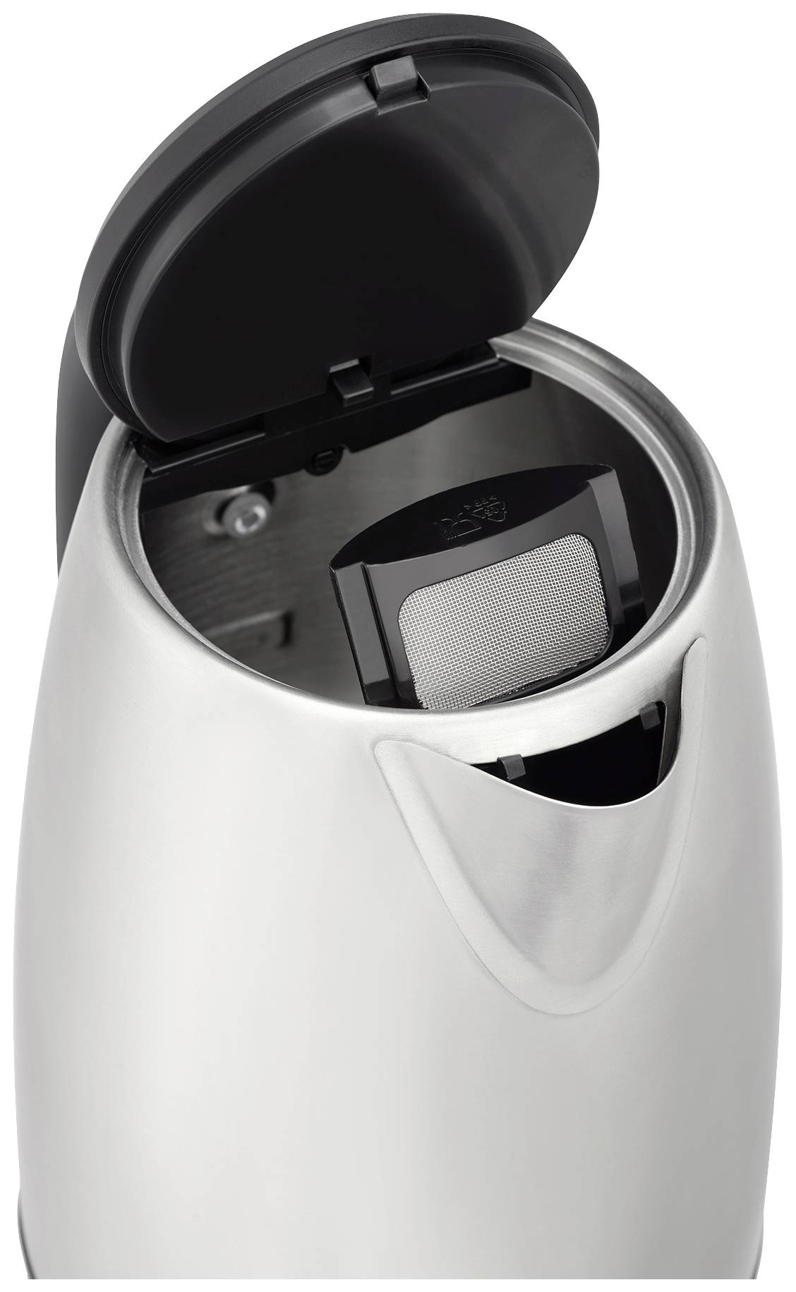 A silver kettle with an open lid reveals a removable filter insert inside.