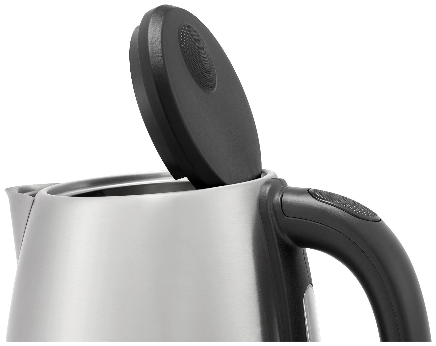 Stainless steel electric kettle with open lid and black handle.