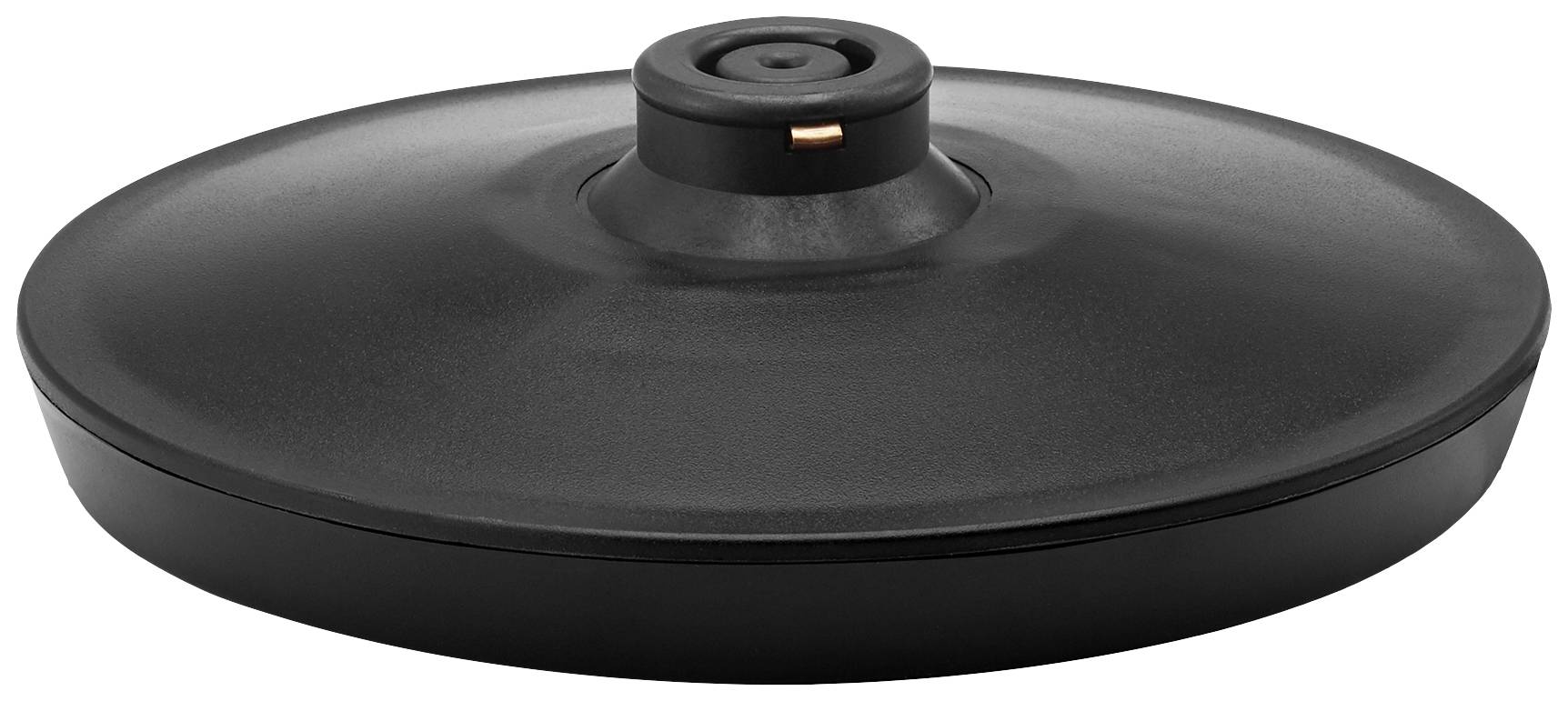 Black lid of a kitchen appliance. Round shape with a central handle, suitable for pots or pans.