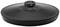 Black lid of a kitchen appliance. Round shape with a central handle, suitable for pots or pans.