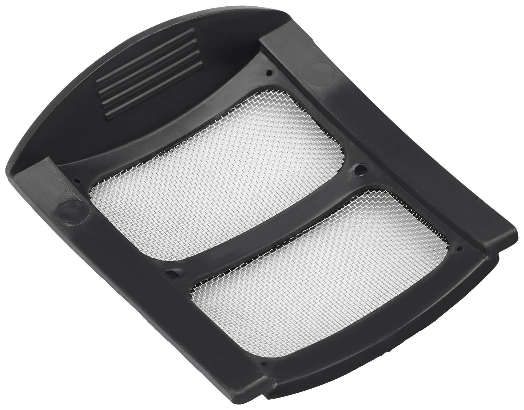 Black plastic filter with two rectangular silver metal meshes. Used for filtering particles in devices.