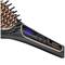 Hair straightener made of black material with golden details. The temperature display shows 200 °C. Control buttons are located beside it.
