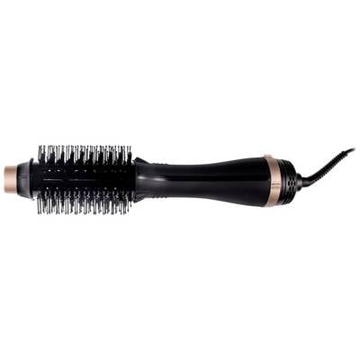 Black hot air brush with red-gold accents and curved bristles, designed for hair care and styling.