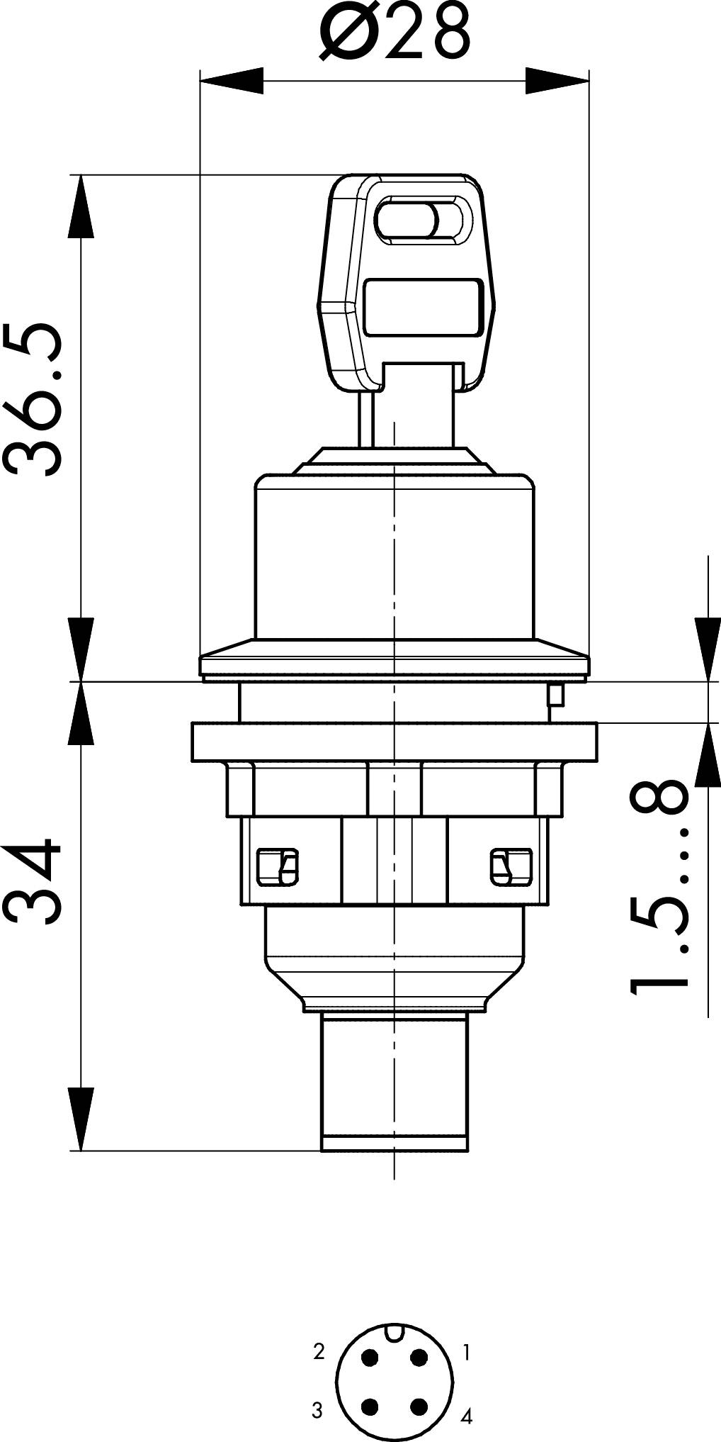 Technical drawing of a key switch with dimensions: Total height 36.5 mm, diameter 28 mm, mounting depth 34 mm, contact diagram.
