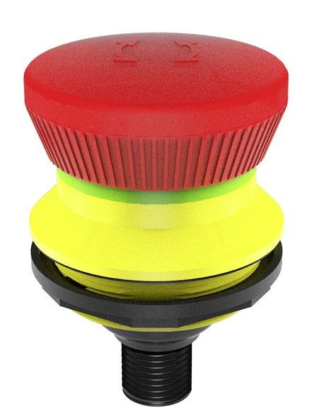 Red emergency stop button with yellow base, used for quickly shutting down machinery in emergency situations.