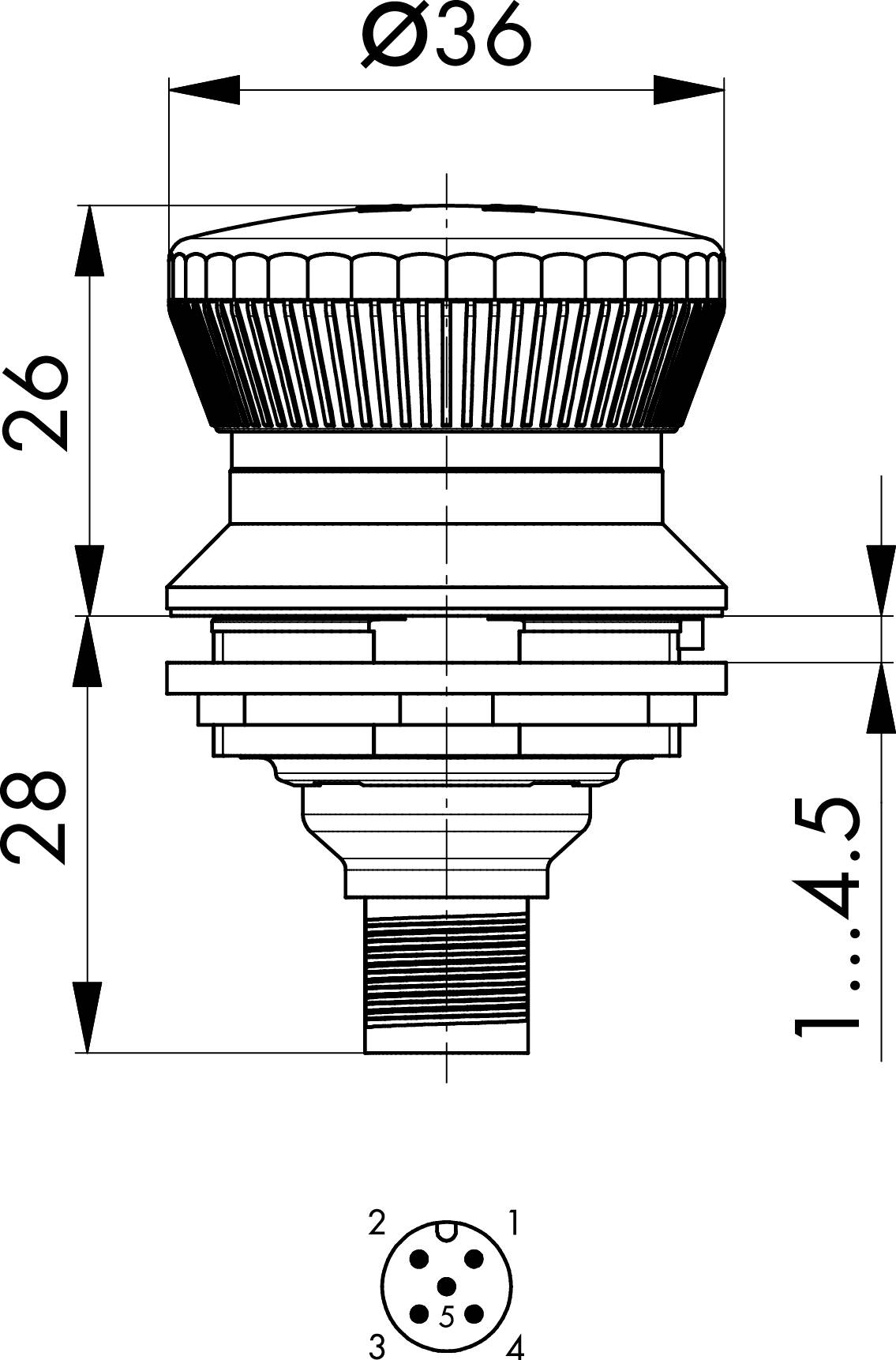 Technical drawing of a circular component with diameter 36 mm, height 26 mm, thread 28 mm and pin arrangement at the bottom with four contacts.